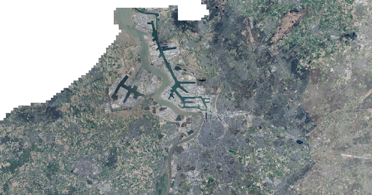 Luchtfoto van Antwerpen met de gemeentegrens