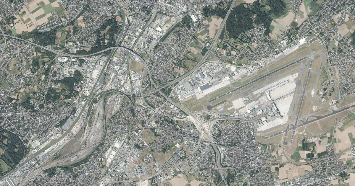 Luchtfoto van Machelen met de gemeentegrens