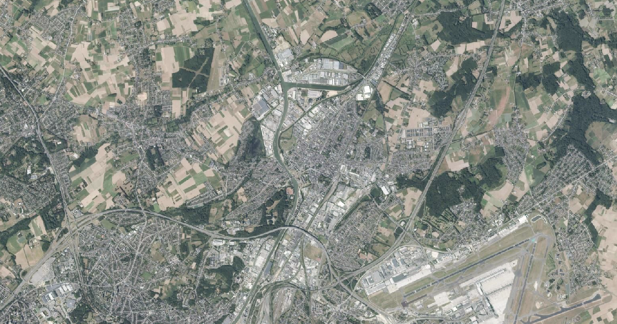 Luchtfoto van Vilvoorde met de gemeentegrens