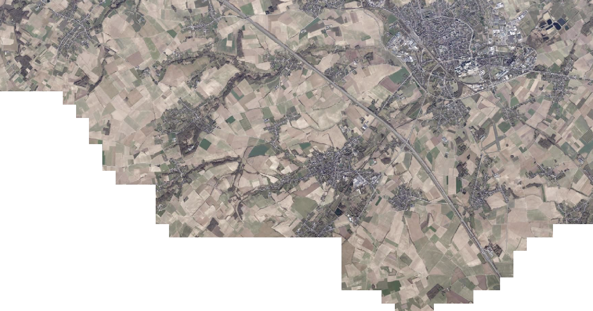 Luchtfoto van Hoegaarden met de gemeentegrens