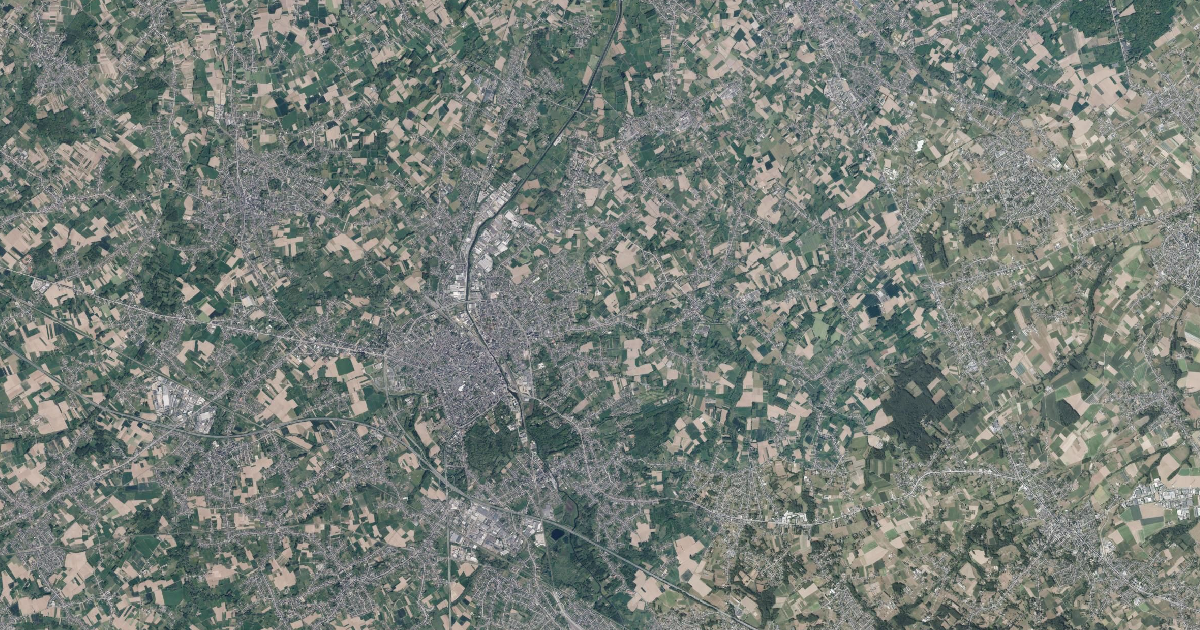 Luchtfoto van Aalst met de gemeentegrens