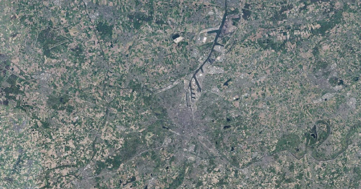 Luchtfoto van Gent met de gemeentegrens