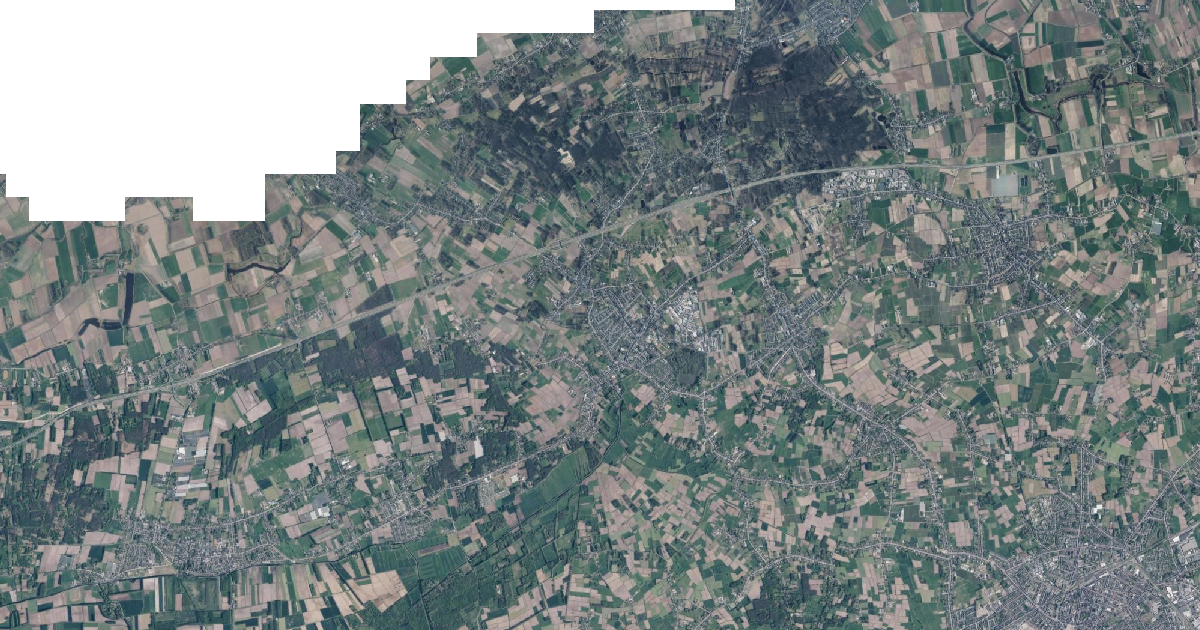 Luchtfoto van Stekene met de gemeentegrens